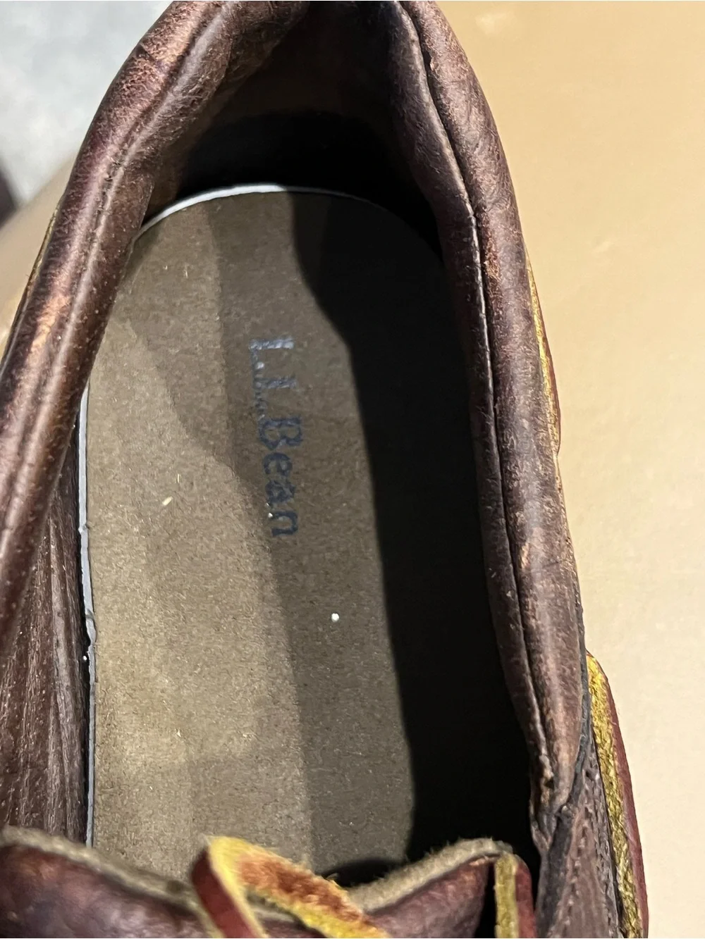 L.L. Bean Men's Dark Brown Leather Boat Shoes with Yellow Trim